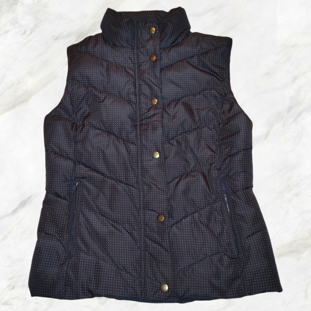 Navy Puffer Winter Vest with white polka dots, size small